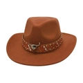 Classic orange brown felt western cowboy hat with snakeskin band and bull head silver buckle - One Size / Khaki (Diamond Bull)