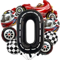 Racewagen ballonset nummer 0 met rode F1-auto, banden en zwart-wit geblokte vlaggen - Raceauto set nummer 0
