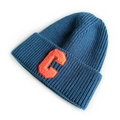 Blue knit beanie with orange letter C embroidery patch in minimalist trendy style - Denim Blue