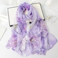 Elegant purple peony floral print lightweight faux silk scarf displayed in a white gift box - Parrot Peony Purple