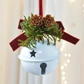 Velvet red bow and natural pine cones on a matte white metal Christmas bell ornament - White Bell 8cm