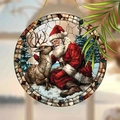 Christmas round acrylic ornament featuring Santa and reindeer in stained glass art style - 15x15cm / Intimate Reindeer Santa