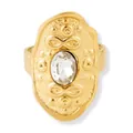 Vintage gold stainless steel ring with hammered texture and oval crystal centerpiece - Clear Stone / Gold