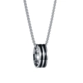 Polished silver stainless steel necklace featuring a black striped ring-style pendant - Silver Double Black Stripe