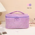 Beauty case in peluche a scacchi rosa con manico e doppia chiusura lampo da viaggio - Violetto