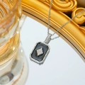 Detail of silver rectangle pendant necklace with black enamel and star crystals - Silver Black Enamel Quadrilateral (C143)