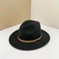 Classic black wool fedora hat with a tan leather band and a gold rectangular buckle - M(57cm) / Black (Brown Metal Buckle)
