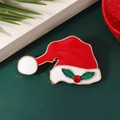 Cartoon Christmas hat brooch made of red enamel alloy with green holly leaf and rhinestone - Style 19