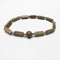Detail of natural green and brown rectangle stone beads bracelet with silver spacers - Unakite