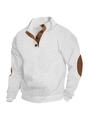 Close-up of white cable knit sweater featuring brown elbow patches and buttoned collar - White