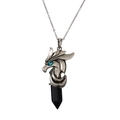 Detailed macro view of the vintage dragon pendant with a black hexagonal crystal stone - Black Agate Stainless Steel Chain