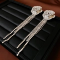 Silver-tone flower earrings with cascading rhinestone tassels in a black jewelry box - 40# Silver White Rose Rhinestone Tassel (925 Sterling Silver Earring Post)