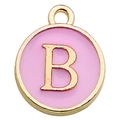 Pink and gold enamel round charm pendant featuring a serif letter B for DIY jewelry - Letter B / 1 Piece (12x14mm) / Pink