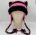 Pink and black striped knit cat ear hat with star accents and braided tassels - Pink Black