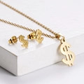 Golden titanium steel necklace and earrings jewelry set featuring dollar sign pendants - Money Symbol