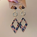 Detail showing geometric leopard print earrings with gold metallic frames and resin inlay - 32# Silver Needle - Coffee - Rhombus - Geometric Splicing