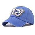 Detail of vintage washed blue cotton baseball cap featuring embroidered NY patch logo - Adjustable / Sky Blue