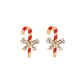 Detailed macro of candy cane earrings with red enamel stripes and crystal bows - Rhinestone Candy Cane