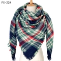 Classic red green and blue plaid cashmere feel scarf with fringe on a mannequin - 140x140cm / 22# Navy Blue Plaid