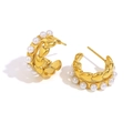 French vintage style 18K gold plated heart and pearl C-shaped earrings on white background - Heart Edge Pearl Stud Earrings / Gold