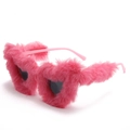 Detail view of pink plush fuzzy heart sunglasses with dark lenses for fashion - Rose Red