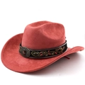 Close-up of red suede cowboy hat featuring floral embroidery and vintage gemstone buckle - M (56-58cm) / Brick Red