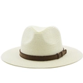 Beige Panama straw hat featuring a dark brown leather band and classic Fedora silhouette - Creamy White