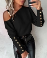 Schwarze One-Shoulder-Langarmbluse mit Goldbeschlägen und Manschettenknöpfen - S / Schwarz