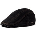 Adjustable black denim beret for men and women with contrast brown stitching - Adjustable / Black