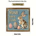 Square wooden Easter sign with rabbit and eggs featuring Wash Your Hands message 20cm - Wooden Frame Decoration Sign Wash Your Hands Rabbit