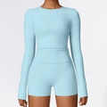 Conjunto de yoga azul claro de manga larga y pantalones cortos de cintura alta fitness - S / Azul Cielo