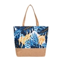 Linen tote bag with tropical palm leaf prints and natural jute base for women - Blue Yellow Small Leaf