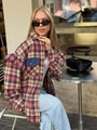 Plaid long sleeve oversized shirt jacket with denim pocket and ruffle sleeve detailing - S / Khaki