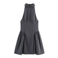 Fashion dark grey halter neck mini dress with sleeveless cut and pleated waist detail - XS / Black