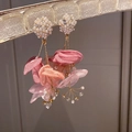 Floral pearl tassel earrings featuring pink silk petals and sparkling crystal studs - Full Diamond Sphere Tassel Style / Pink Tassel (925 Silver Pin)