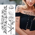 Black and white floral temporary tattoo sticker with rose and peony motifs BK-019 - Pattern BK-019