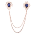Vintage gold brooch pin with blue teardrop gemstones and elegant metal tassels - Gold Base Navy Blue Rhinestone