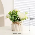Artificial white peony in geometric ceramic pot with twine bow and green leaves - White Peony - Artificial Flower Ornament In White Pot