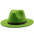 Close-up of a vibrant green fedora hat featuring a brown band and retro metal buckle detail - M (56-58cm) / Fruit Green
