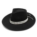 Chapeau Fedora classique en laine noire avec ruban blanc tressé pour l'automne-hiver - M (56-58cm) / Noir