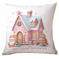 White Christmas pillow cover with pink candy house and Santa gingerbread man illustration - Sweet Christmas Gingerbread House