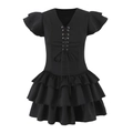 Schwarzes V-Ausschnitt Stufenkleid mit Volantärmeln und Kordelzug-Detail im Lagen-Design - S / Schwarz