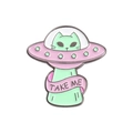 Broche en émail chat extraterrestre vert dans un OVNI avec ruban rose Take Me - XZ4395-TAKE ME Chat UFO