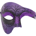 Purple phantom half face masquerade mask with black vine textures and glitter details - Two-tone Purple