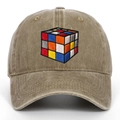 Close-up of the vintage washed khaki cotton cap with colorful Rubik's Cube embroidery - Khaki / Adjustable