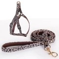 Gray leopard print faux fur dog harness and leash set with premium gold metal hardware - M / Harness & Leash Set / Gray