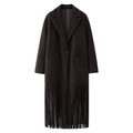 Manteau en laine pour femme style urbain avec revers et longues franges à l'ourlet - S / café