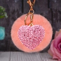 Pink rhinestone heart keychain with fluffy fur ball and golden metal ring for bag - Heart Pink + Korean Pink Pom Pom