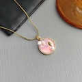 French style floral pendant necklace with pink petals and gold chain on gray leather - Five-Petal Flower-Pink 0385JF