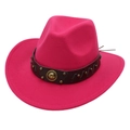 Detail of rose red felt cowboy hat featuring leather band with gold rivets and metal buckle - Rose Red